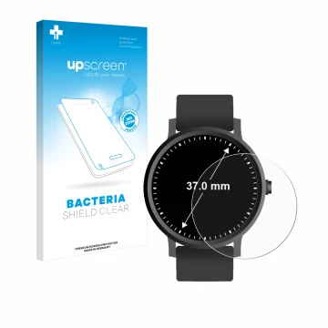 Face avant d’un emballage produit avec le logo de la marque upscreen. À côté, l’appareil Montres (Circulaire, ø: 37 mm) est re