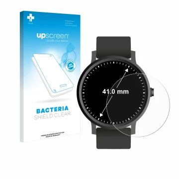 Face avant d’un emballage produit avec le logo de la marque upscreen. À côté, l’appareil Montres (Circulaire, ø: 41 mm) est re