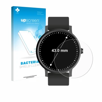 Face avant d’un emballage produit avec le logo de la marque upscreen. À côté, l’appareil Montres (Circulaire, ø: 43 mm) est re