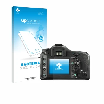 Face avant d’un emballage produit avec le logo de la marque upscreen. À côté, l’appareil Pentax K20D est représenté avec la pr