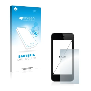 Face avant d’un emballage produit avec le logo de la marque upscreen. À côté, l’appareil est représenté avec la protection d’é