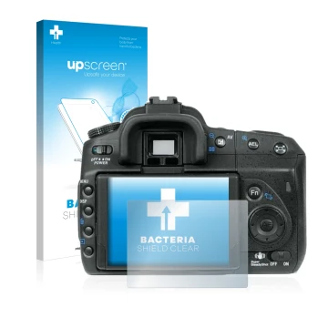 Face avant d’un emballage produit avec le logo de la marque upscreen. À côté, l’appareil Sony Alpha 350 (DSLR-A350) est représ