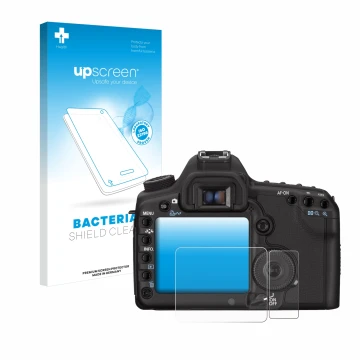 Face avant d’un emballage produit avec le logo de la marque upscreen. À côté, l’appareil Canon EOS 5D Mark II est représenté a