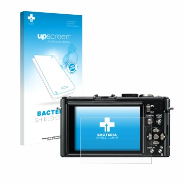Face avant d’un emballage produit avec le logo de la marque upscreen. À côté, l’appareil Leica D-Lux 4 est représenté avec la 