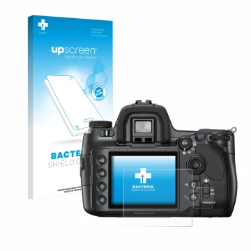 Face avant d’un emballage produit avec le logo de la marque upscreen. À côté, l’appareil Sony Alpha 900 (DSLR-A900) est représ