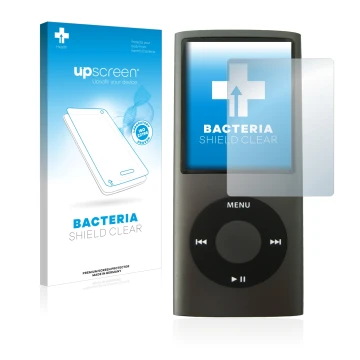 Face avant d’un emballage produit avec le logo de la marque upscreen. À côté, l’appareil Apple iPod nano (4ème Gen.) est repré