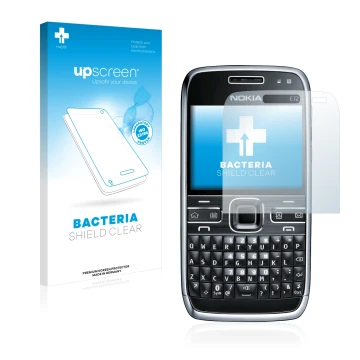 Face avant d’un emballage produit avec le logo de la marque upscreen. À côté, l’appareil Nokia E72 est représenté avec la prot
