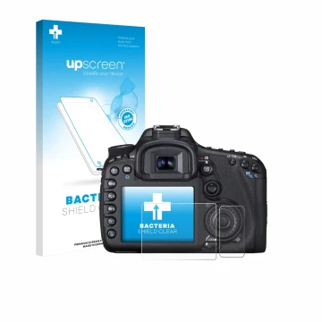 Face avant d’un emballage produit avec le logo de la marque upscreen. À côté, l’appareil Canon EOS 7D est représenté avec la p