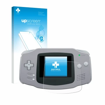 Face avant d’un emballage produit avec le logo de la marque upscreen. À côté, l’appareil Nintendo Gameboy Advance GBA est repr