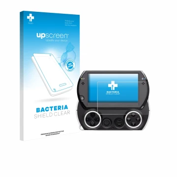 Face avant d’un emballage produit avec le logo de la marque upscreen. À côté, l’appareil Sony PSP Go est représenté avec la pr