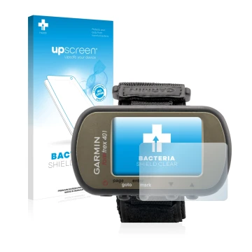 Face avant d’un emballage produit avec le logo de la marque upscreen. À côté, l’appareil Garmin Foretrex 401 est représenté av