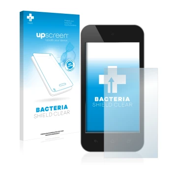 Face avant d’un emballage produit avec le logo de la marque upscreen. À côté, l’appareil est représenté avec la protection d’é