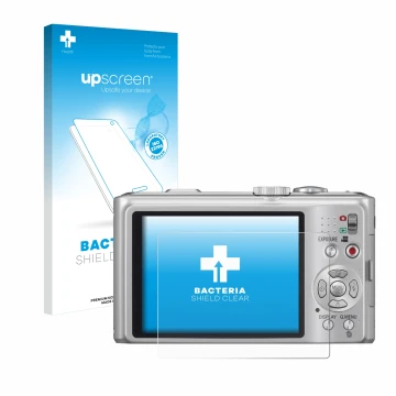 Face avant d’un emballage produit avec le logo de la marque upscreen. À côté, l’appareil Panasonic Lumix DMC-TZ10 est représen