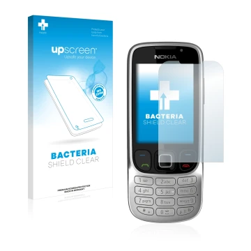 Face avant d’un emballage produit avec le logo de la marque upscreen. À côté, l’appareil Nokia 6303i classic est représenté av
