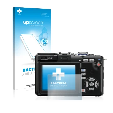 Face avant d’un emballage produit avec le logo de la marque upscreen. À côté, l’appareil Olympus PEN E-PL1 est représenté avec
