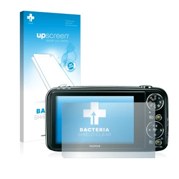 Face avant d’un emballage produit avec le logo de la marque upscreen. À côté, l’appareil Fujifilm FinePix Real 3D W3 est repré