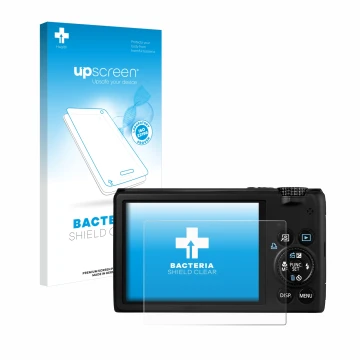 Face avant d’un emballage produit avec le logo de la marque upscreen. À côté, l’appareil Canon PowerShot S95 est représenté av