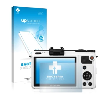 Face avant d’un emballage produit avec le logo de la marque upscreen. À côté, l’appareil Olympus XZ-1 est représenté avec la p