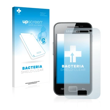 Face avant d’un emballage produit avec le logo de la marque upscreen. À côté, l’appareil Samsung Galaxy Ace S5830 est représen