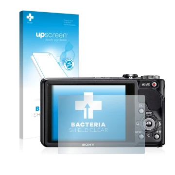 Face avant d’un emballage produit avec le logo de la marque upscreen. À côté, l’appareil Sony Cyber-Shot DSC-HX9V est représen