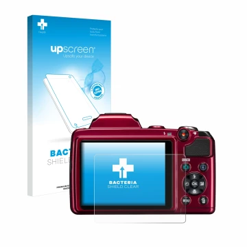 Face avant d’un emballage produit avec le logo de la marque upscreen. À côté, l’appareil Nikon Coolpix L120 est représenté ave