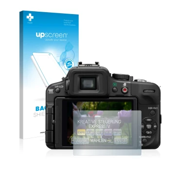 Face avant d’un emballage produit avec le logo de la marque upscreen. À côté, l’appareil Panasonic Lumix DMC-G3 est représenté