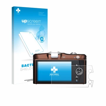 Face avant d’un emballage produit avec le logo de la marque upscreen. À côté, l’appareil Olympus PEN E-PM1 est représenté avec