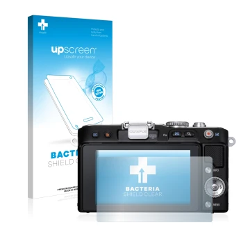 Face avant d’un emballage produit avec le logo de la marque upscreen. À côté, l’appareil Olympus PEN E-PL3 est représenté avec