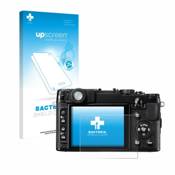 Face avant d’un emballage produit avec le logo de la marque upscreen. À côté, l’appareil Fujifilm FinePix X10 est représenté a