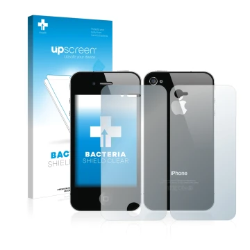 Face avant d’un emballage produit avec le logo de la marque upscreen. À côté, l’appareil Apple iPhone 4S (Avant+Arrière) est r