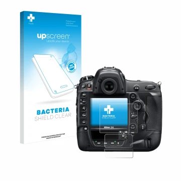 Face avant d’un emballage produit avec le logo de la marque upscreen. À côté, l’appareil Nikon D4 est représenté avec la prote