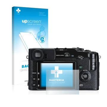 Face avant d’un emballage produit avec le logo de la marque upscreen. À côté, l’appareil Fujifilm X-Pro1 est représenté avec l