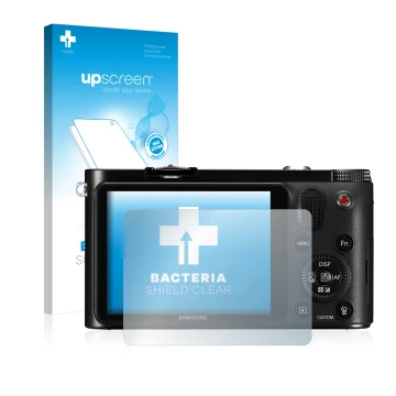 Face avant d’un emballage produit avec le logo de la marque upscreen. À côté, l’appareil Samsung NX1000 est représenté avec la