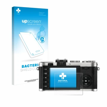 Face avant d’un emballage produit avec le logo de la marque upscreen. À côté, l’appareil Leica X2 est représenté avec la prote