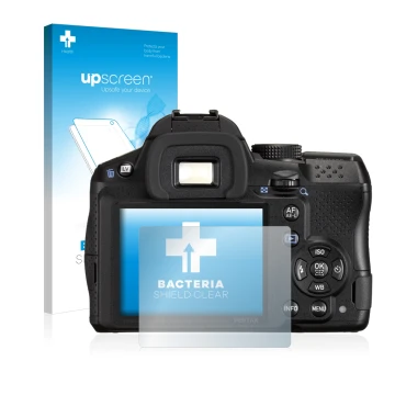 Face avant d’un emballage produit avec le logo de la marque upscreen. À côté, l’appareil Pentax K-30 est représenté avec la pr