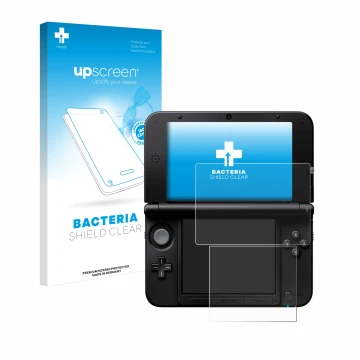 Face avant d’un emballage produit avec le logo de la marque upscreen. À côté, l’appareil Nintendo 3DS XL SPM7800 est représent