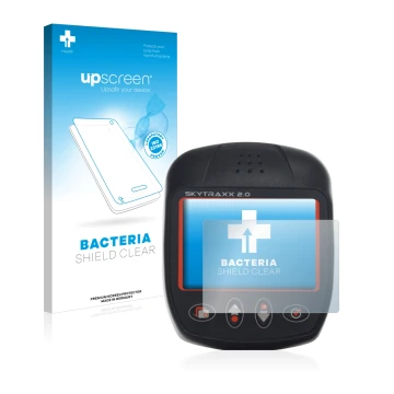 Face avant d’un emballage produit avec le logo de la marque upscreen. À côté, l’appareil Skytraxx 2.0 Vario est représenté ave