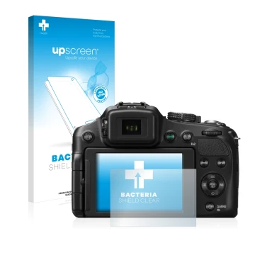 Face avant d’un emballage produit avec le logo de la marque upscreen. À côté, l’appareil Panasonic Lumix DMC-FZ200 est représe