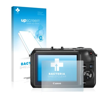 Face avant d’un emballage produit avec le logo de la marque upscreen. À côté, l’appareil Canon EOS M est représenté avec la pr