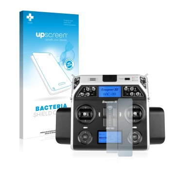 Face avant d’un emballage produit avec le logo de la marque upscreen. À côté, l’appareil Graupner MC-20 HoTT est représenté av