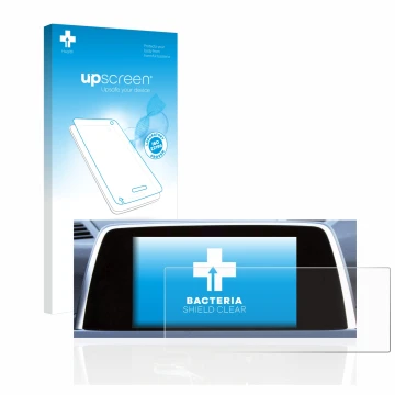 Face avant d’un emballage produit avec le logo de la marque upscreen. À côté, l’appareil BMW 6 F13 Coupe 2011 iDrive Pro 10.2