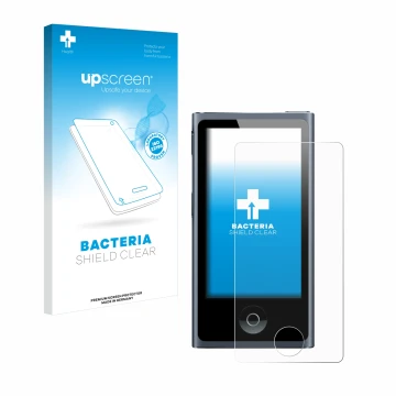 Face avant d’un emballage produit avec le logo de la marque upscreen. À côté, l’appareil Apple iPod nano 2012 (7ème Gen.) est 