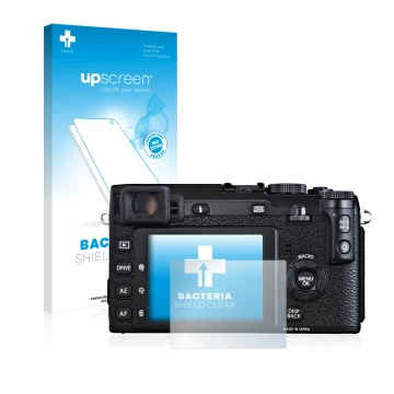 Face avant d’un emballage produit avec le logo de la marque upscreen. À côté, l’appareil Fujifilm X-E1 est représenté avec la 