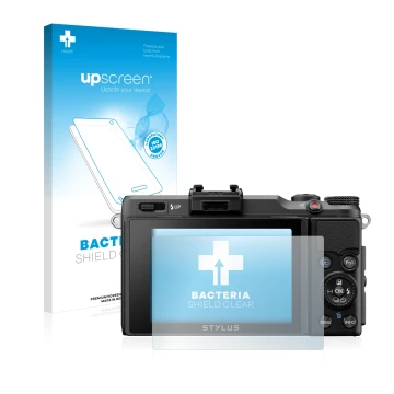 Face avant d’un emballage produit avec le logo de la marque upscreen. À côté, l’appareil Olympus Stylus XZ-2 est représenté av