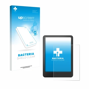 Face avant d’un emballage produit avec le logo de la marque upscreen. À côté, l’appareil Amazon Kindle Paperwhite 2012 est rep