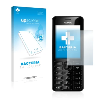 Face avant d’un emballage produit avec le logo de la marque upscreen. À côté, l’appareil Nokia 206 Dual SIM est représenté ave