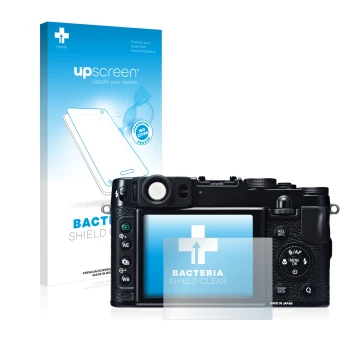 Face avant d’un emballage produit avec le logo de la marque upscreen. À côté, l’appareil Fujifilm X20 est représenté avec la p