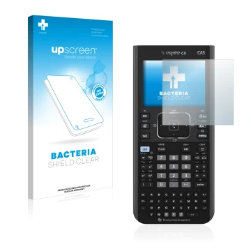 Face avant d’un emballage produit avec le logo de la marque upscreen. À côté, l’appareil Texas Instruments Nspire CX CAS est r