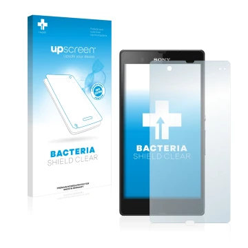 Face avant d’un emballage produit avec le logo de la marque upscreen. À côté, l’appareil Sony Xperia Z C6602 C6603 est représe
