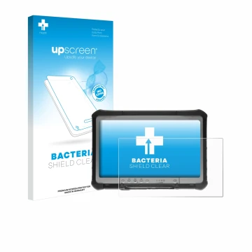 Face avant d’un emballage produit avec le logo de la marque upscreen. À côté, l’appareil Panasonic Toughbook CF-D1 est représe